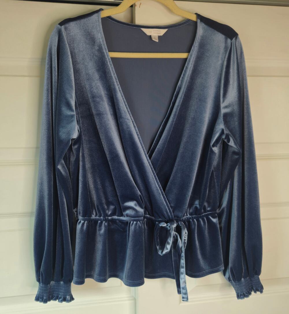 Steel Blue Velvet Faux Wrap Surplice Peplum Holiday Party Shimmer Blouse Top L